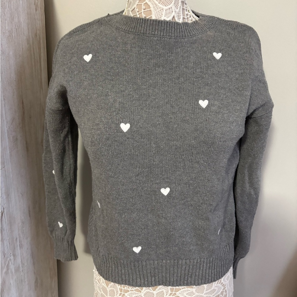 LOFT Gray Sweater with White Heart Accents